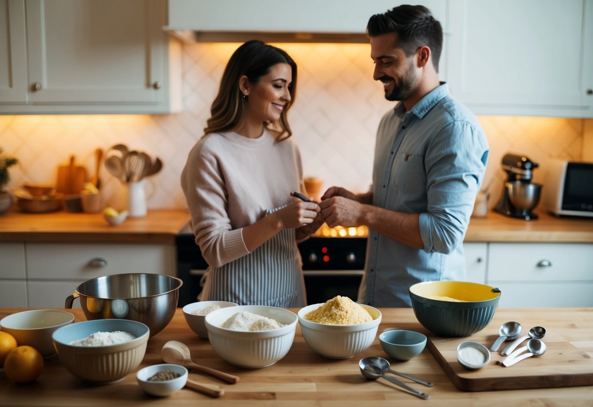 A cozy kitchen with ingredients, mixing bowls, and baking utensils laid out on the counter. A warm oven is glowing in the background as a couple prepares to bake together