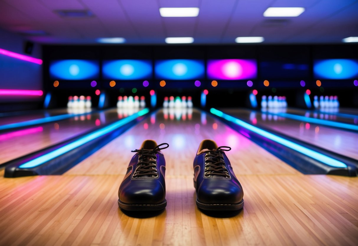 A dimly lit bowling alley with glowing neon lights, colorful lanes, and a couple's bowling shoes on the polished wooden floor