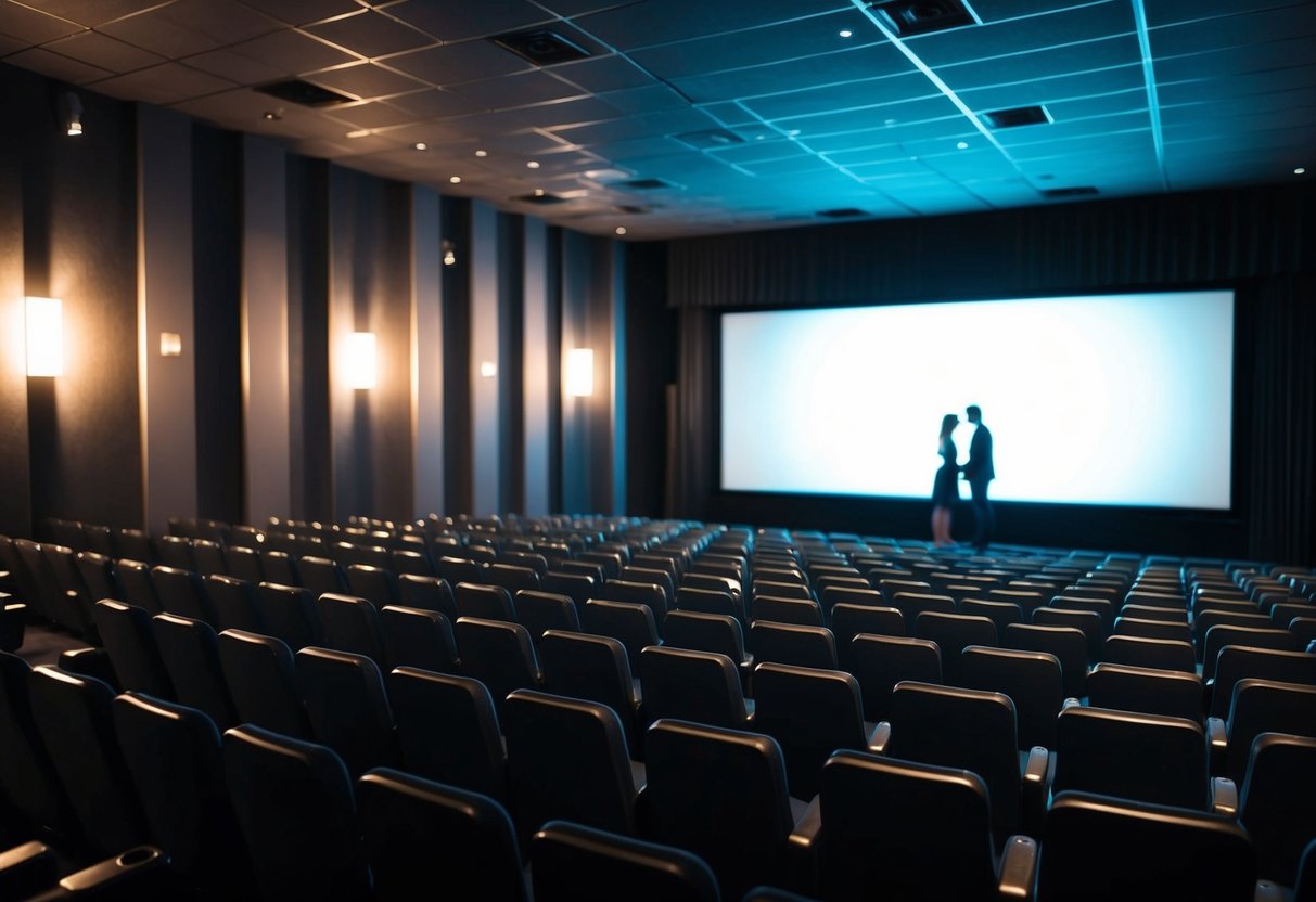A dimly lit movie theater with rows of empty seats, a glowing screen, and a couple's silhouette in the back row