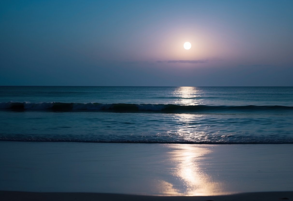 A serene beach with moonlight reflecting on the calm waves, casting a soft glow on the sand and creating a peaceful and romantic atmosphere