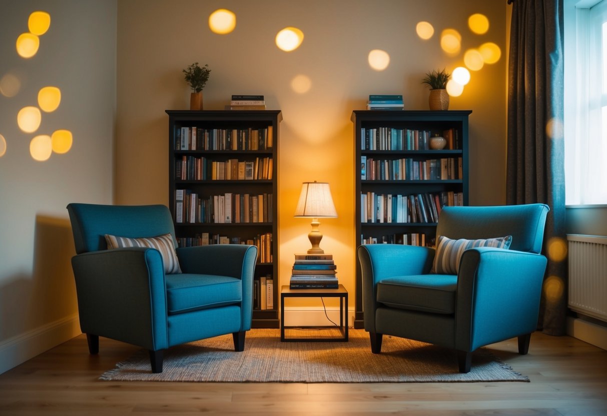 A cozy living room with two chairs facing each other, a small table with a stack of books, and a warm lamp illuminating the space