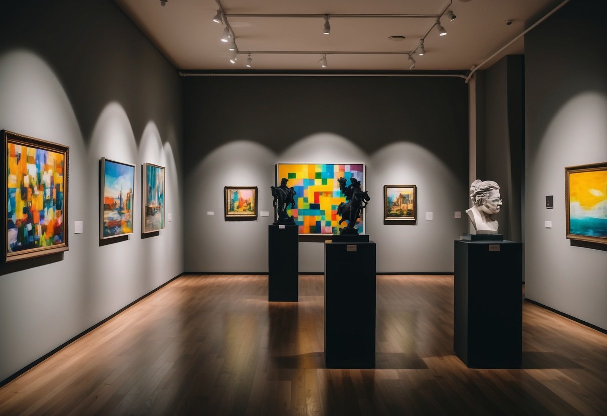 A dimly lit art gallery with colorful paintings and sculptures, casting long shadows in the late night