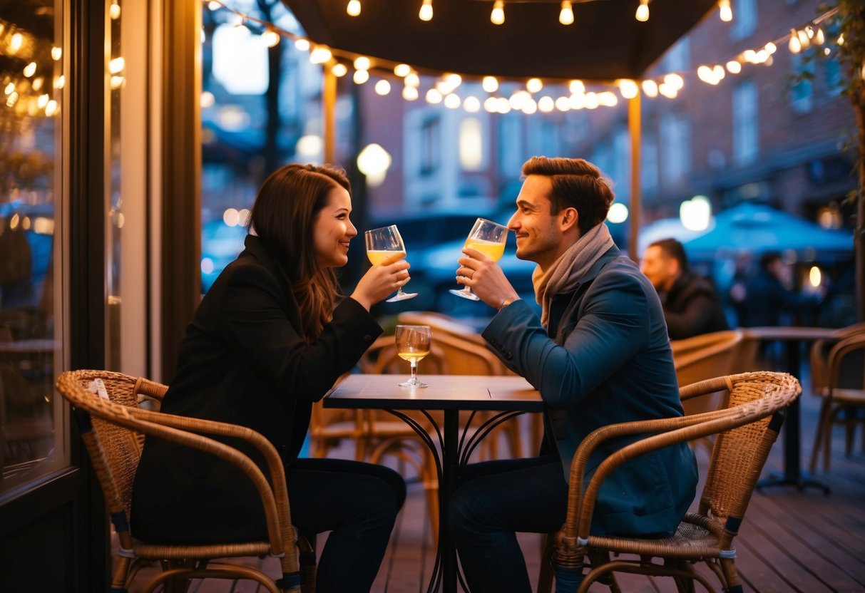 A cozy outdoor cafe with dim lighting, a warm glow from string lights, and a couple enjoying drinks and conversation at a small table