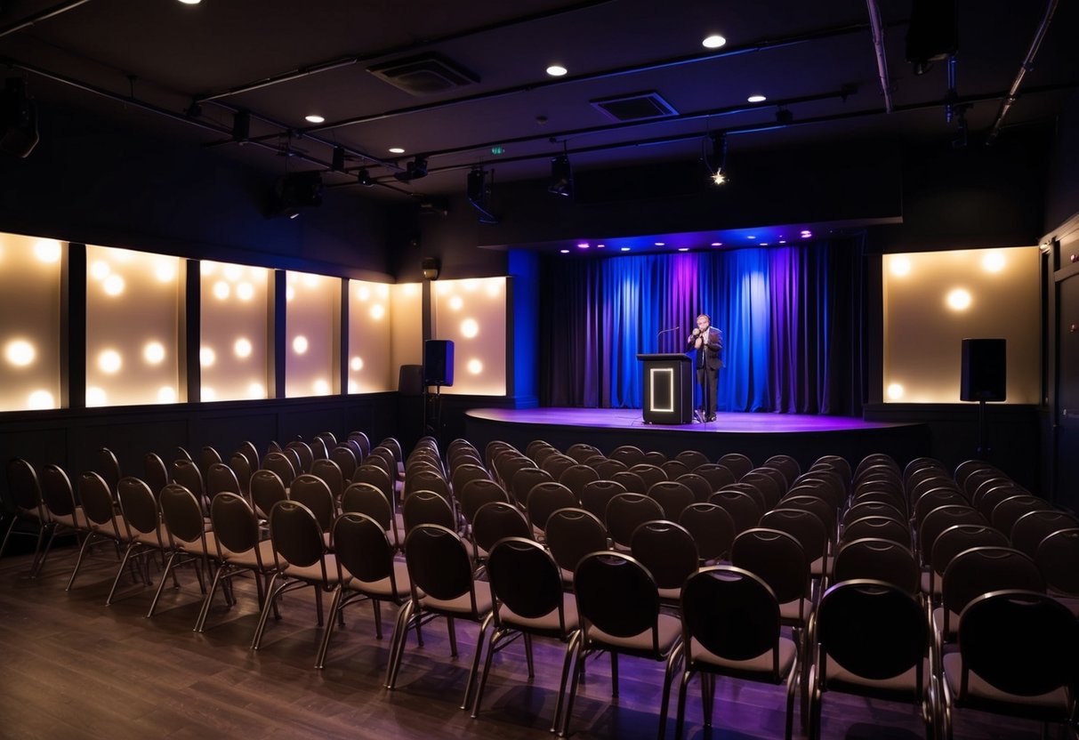 A dimly lit comedy club with a stage, microphone, and rows of empty chairs. Laughter echoes through the room as the spotlight shines on the stage