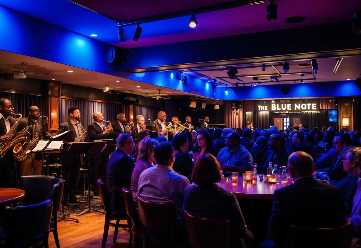 A dimly lit jazz club with a stage, instruments, and a crowd of people enjoying live music after 8pm at the Blue Note