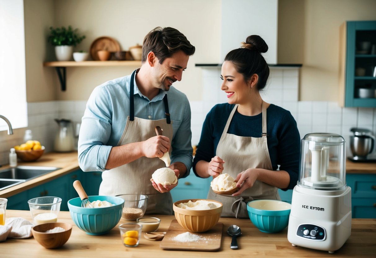 A couple making homemade ice cream together in a cozy kitchen, surrounded by ingredients, mixing bowls, and an ice cream maker