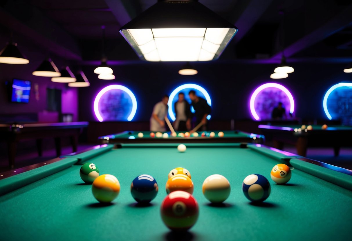 A dimly lit 24-hour pool hall with neon lights, colorful balls on the table, and a couple playing pool in the background