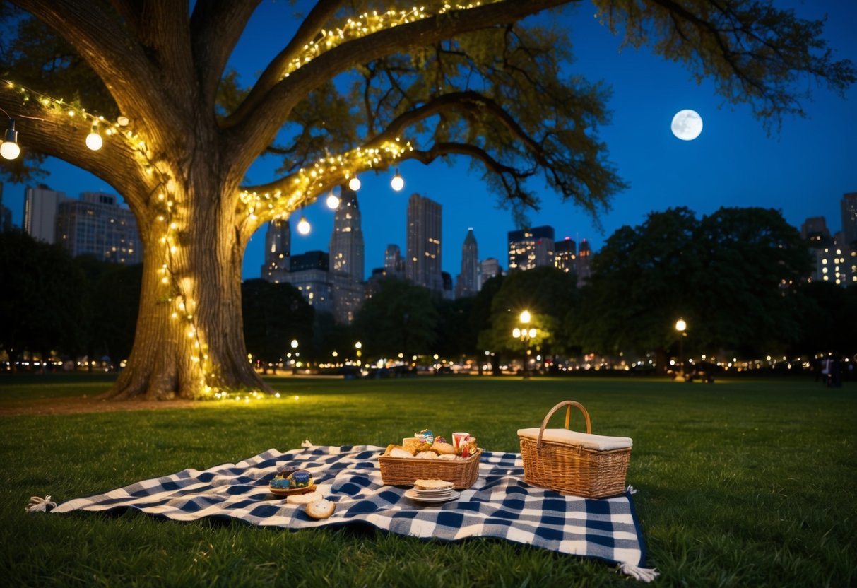 A cozy moonlit picnic in Central Park, with a checkered blanket spread out under a large oak tree, surrounded by twinkling fairy lights and a basket of delicious treats