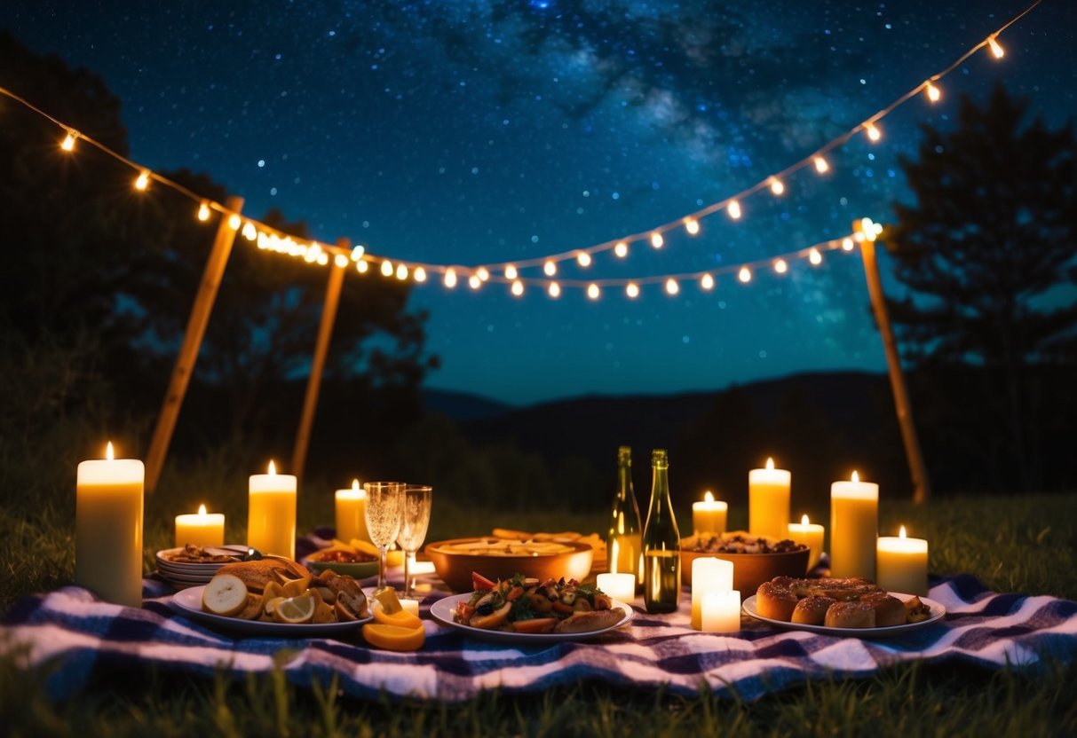 A cozy picnic blanket under a starry night, surrounded by flickering candles and a spread of delicious food and drinks