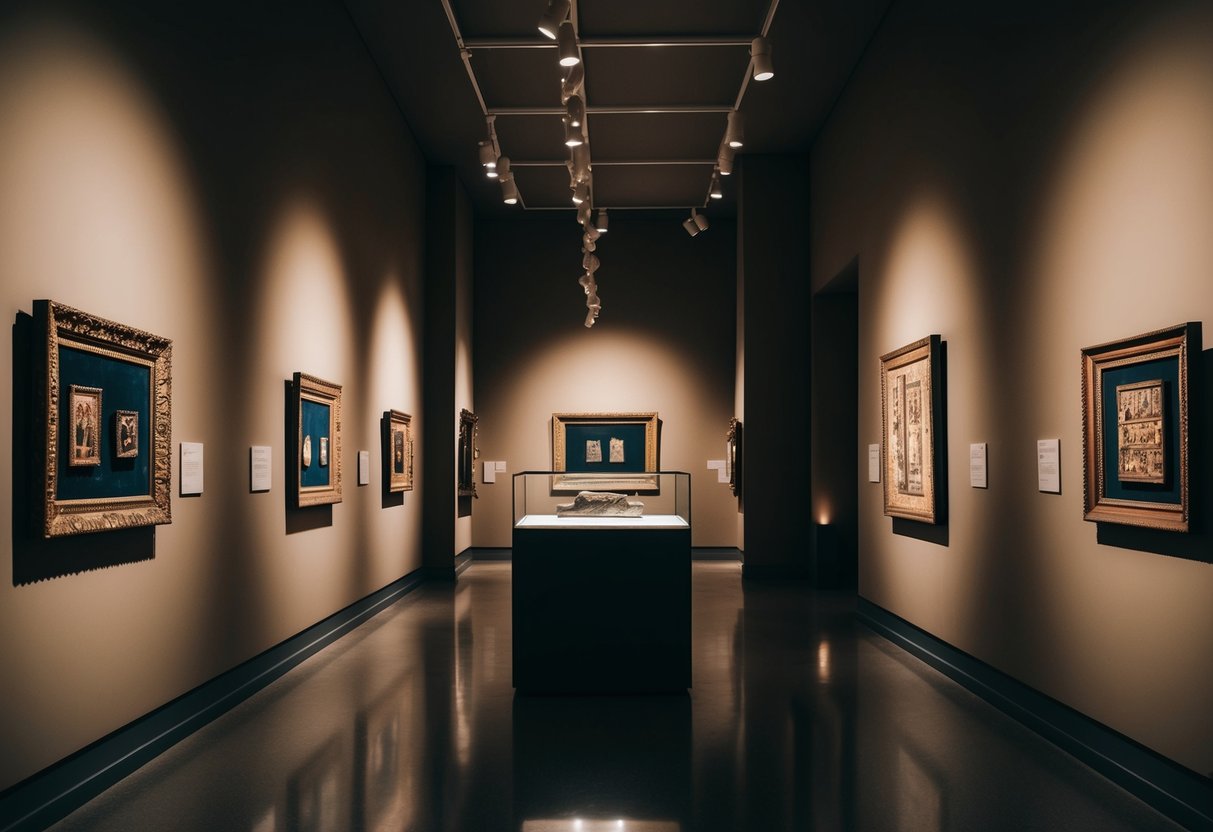 A dimly lit museum gallery with artifacts illuminated by spotlights, casting long shadows