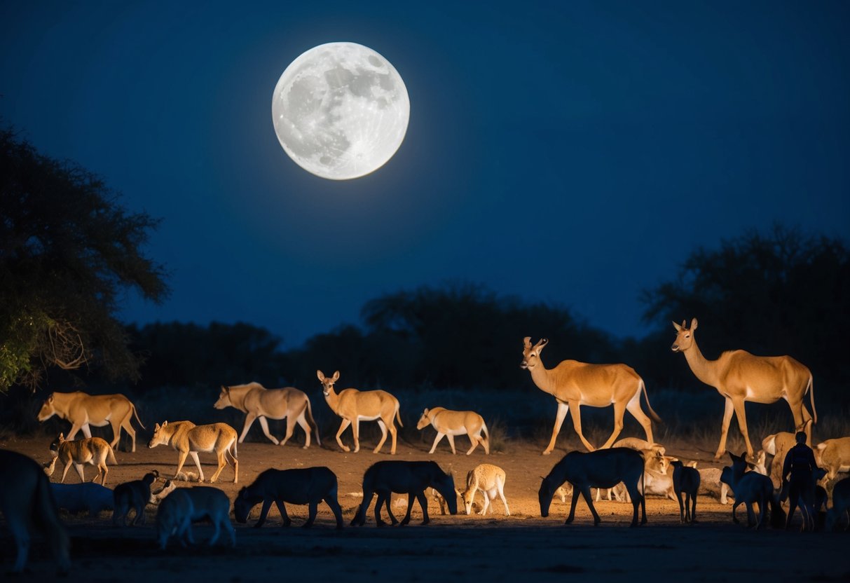 Animals roam under moonlight, illuminated by soft, ambient lighting. A nocturnal spectacle unfolds as visitors observe creatures in their natural habitat