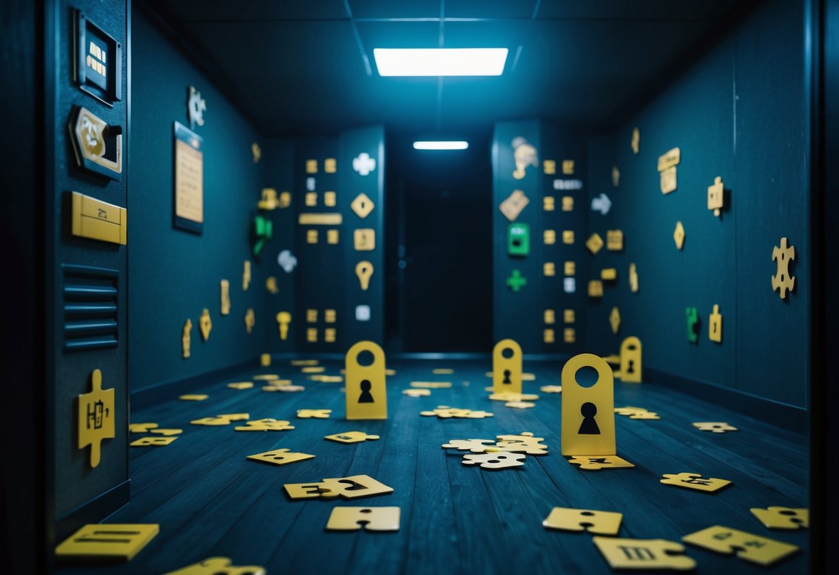 A dimly lit escape room with mysterious clues and puzzles scattered around, creating an atmosphere of suspense and excitement
