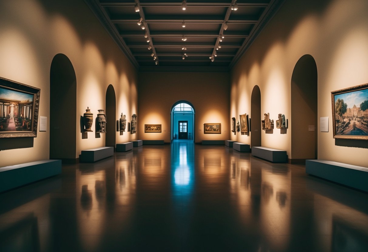 Empty museum halls illuminated by soft spotlights, casting a warm glow on ancient artifacts and colorful paintings