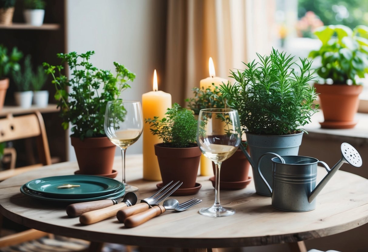 A cozy table with potted herbs, candles, and gardening tools. Two wine glasses and a small watering can sit nearby