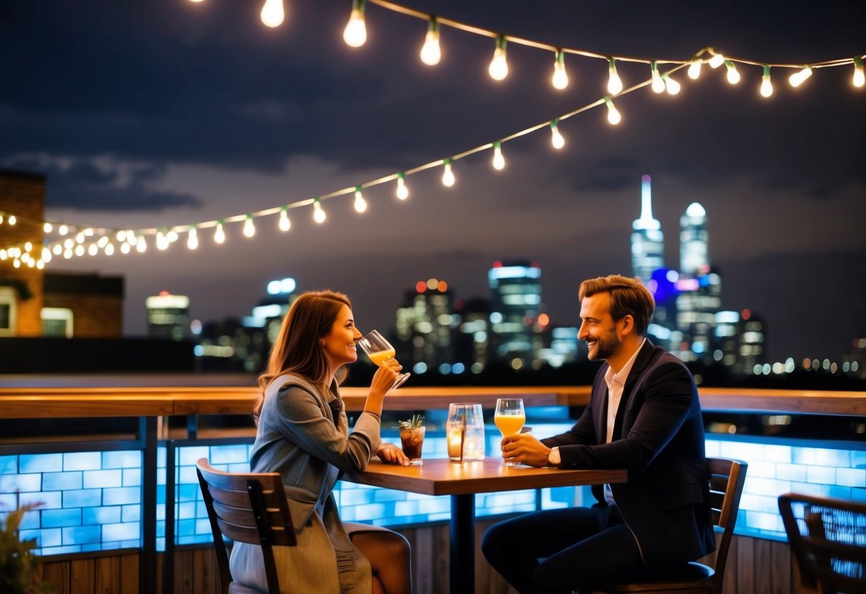 A cozy rooftop bar with string lights and a city skyline in the background, where a couple enjoys a late-night drink and conversation