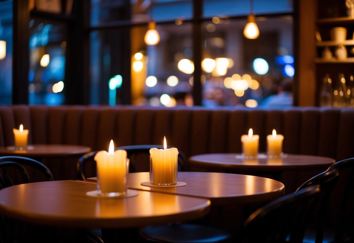 A cozy, dimly lit café with soft jazz music playing in the background, a warm ambiance, and flickering candles on the tables