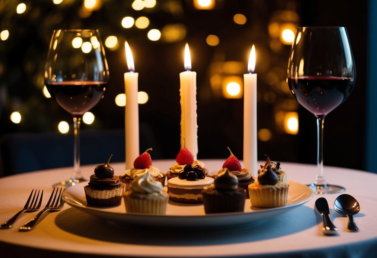 A cozy candlelit table with an assortment of decadent desserts and two wine glasses, set against a backdrop of dimly lit ambiance