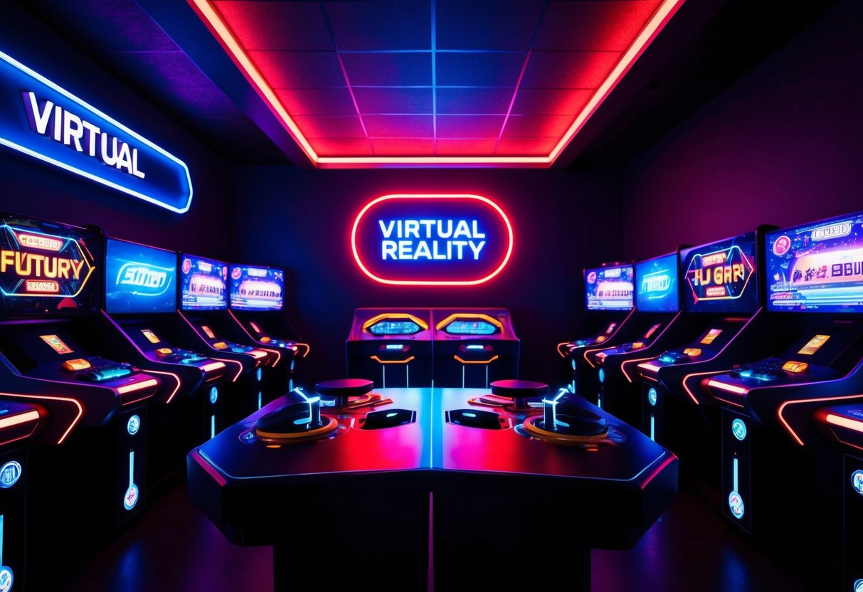 A dimly lit virtual reality arcade with glowing neon signs and futuristic game stations