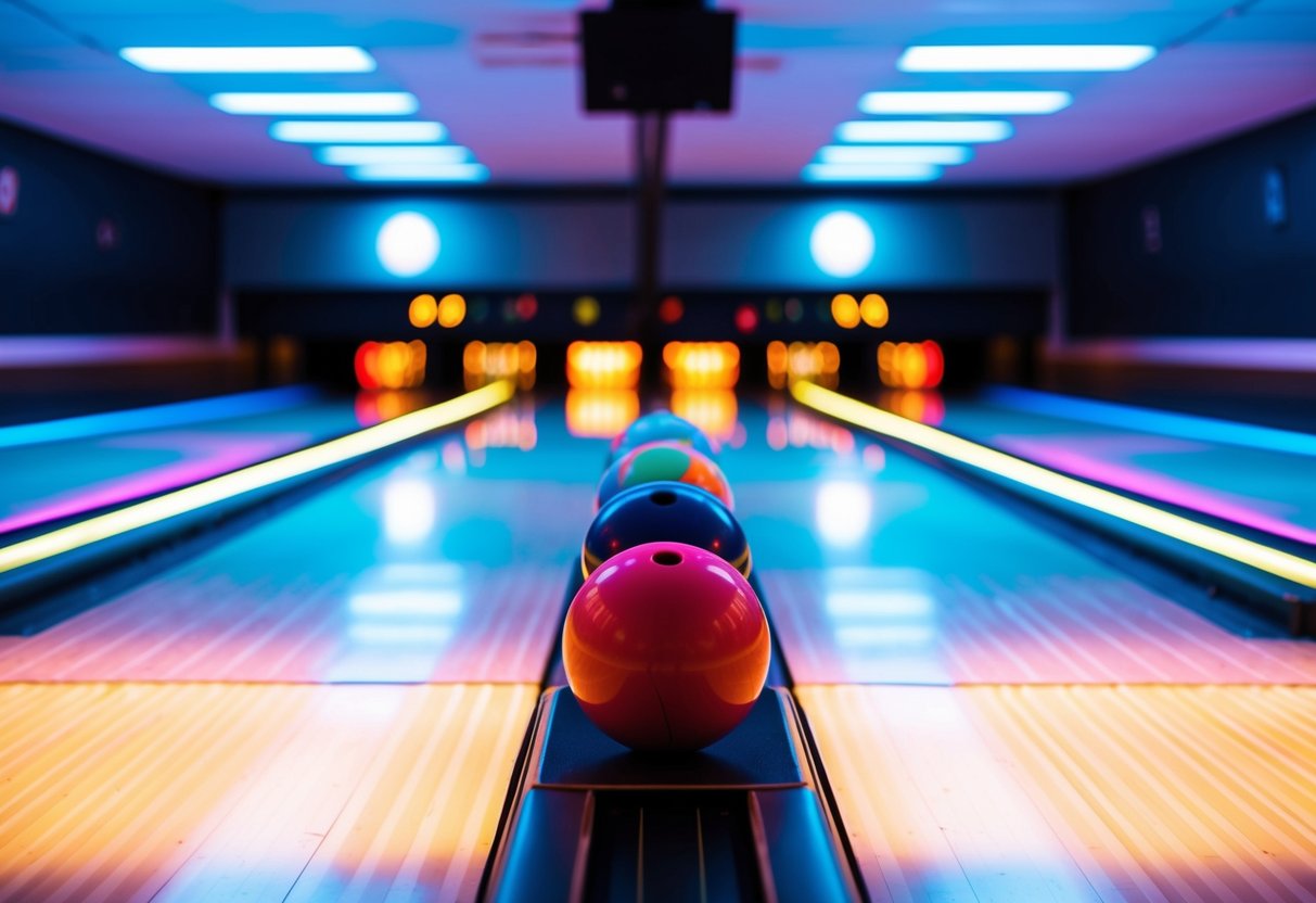A dimly lit bowling alley with neon lights, glowing lanes, and colorful bowling balls rolling down towards the pins
