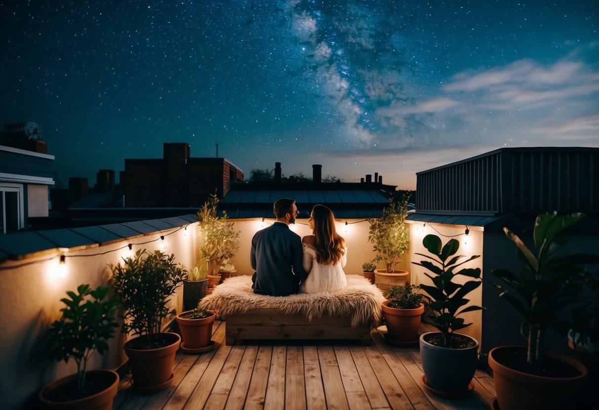 A couple sits on a cozy rooftop, surrounded by potted plants and string lights, gazing up at the stars in the night sky
