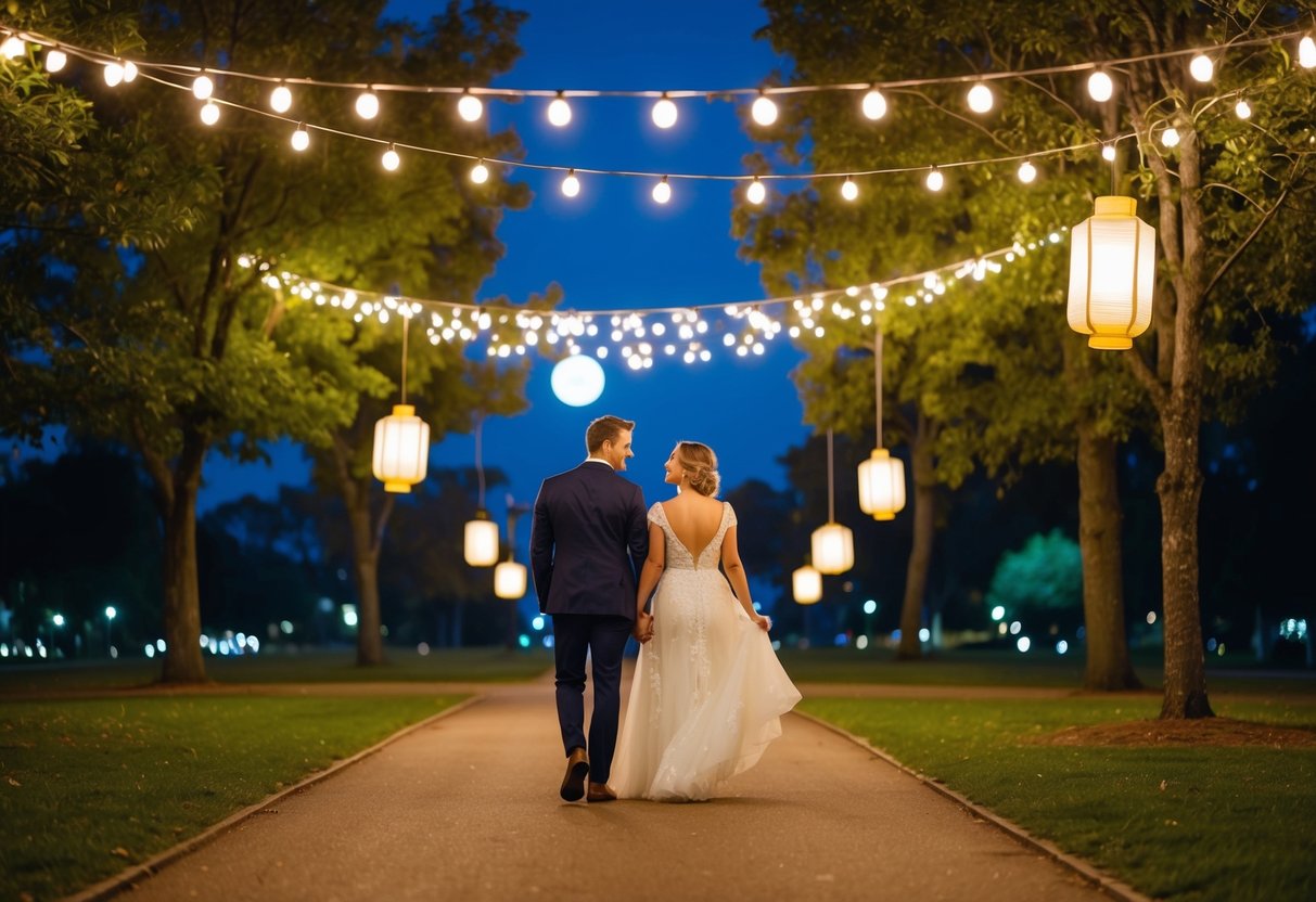 A couple strolling through a moonlit park, illuminated by twinkling fairy lights and the soft glow of lanterns hanging from the trees