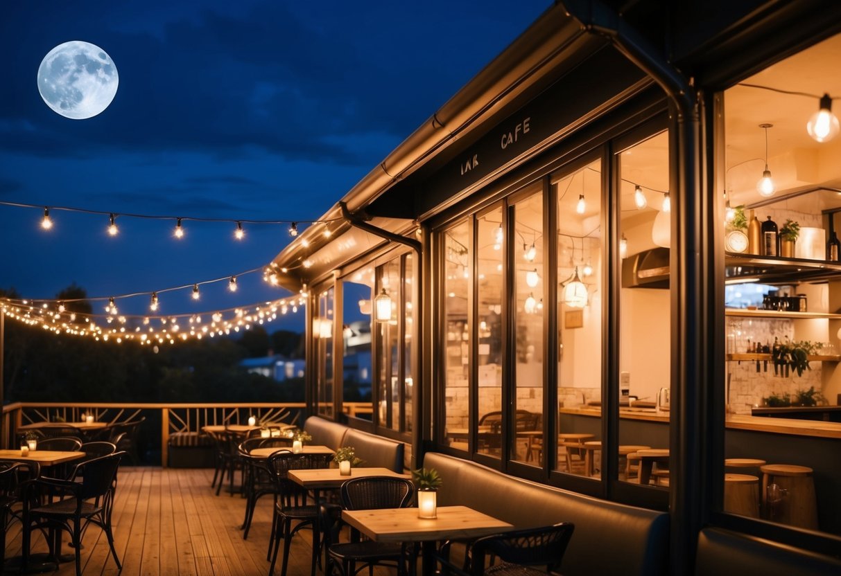A cozy outdoor cafe with twinkling string lights, a full moon in the sky, and a warm, inviting ambiance