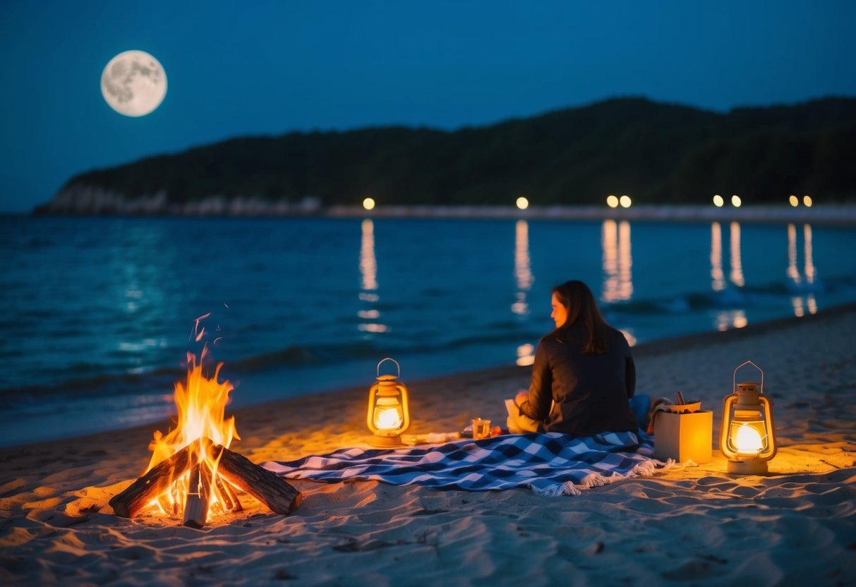 A moonlit beach with a picnic blanket, glowing lanterns, and a bonfire by the water's edge