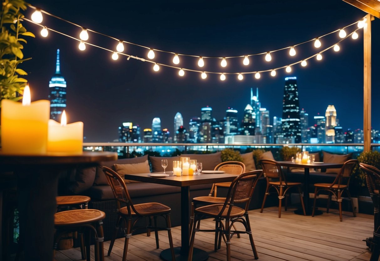 A cozy outdoor cafe with string lights and flickering candles, overlooking a city skyline at night