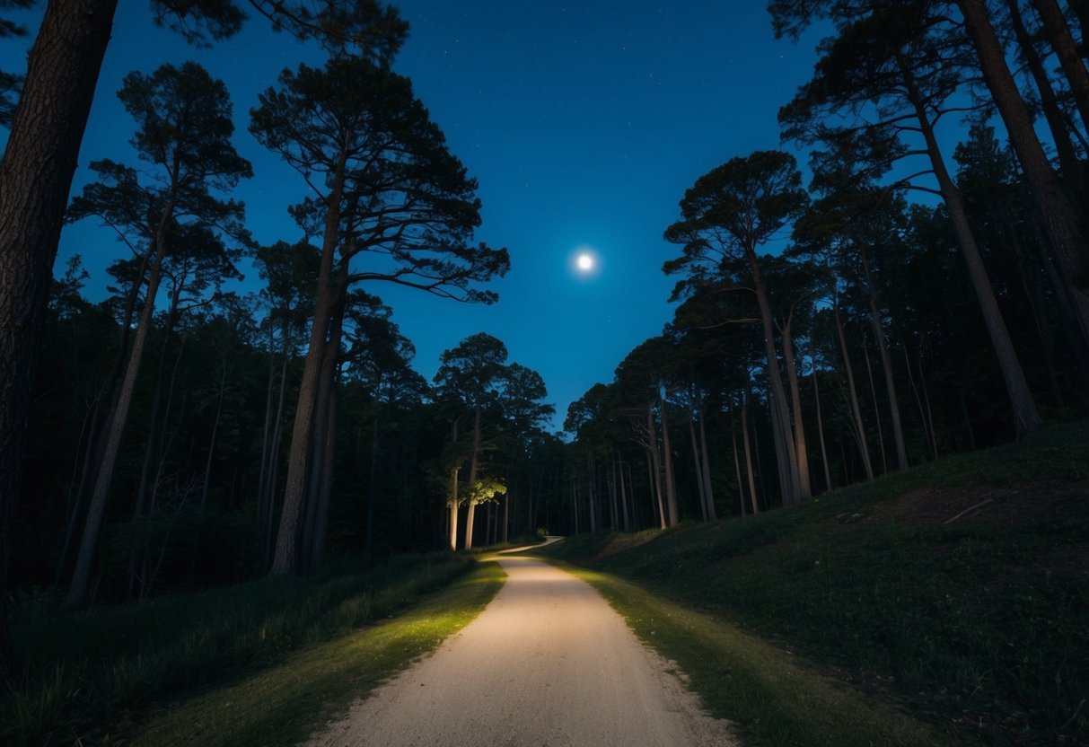 A winding forest path illuminated by moonlight, with towering trees casting long shadows and a clear night sky above