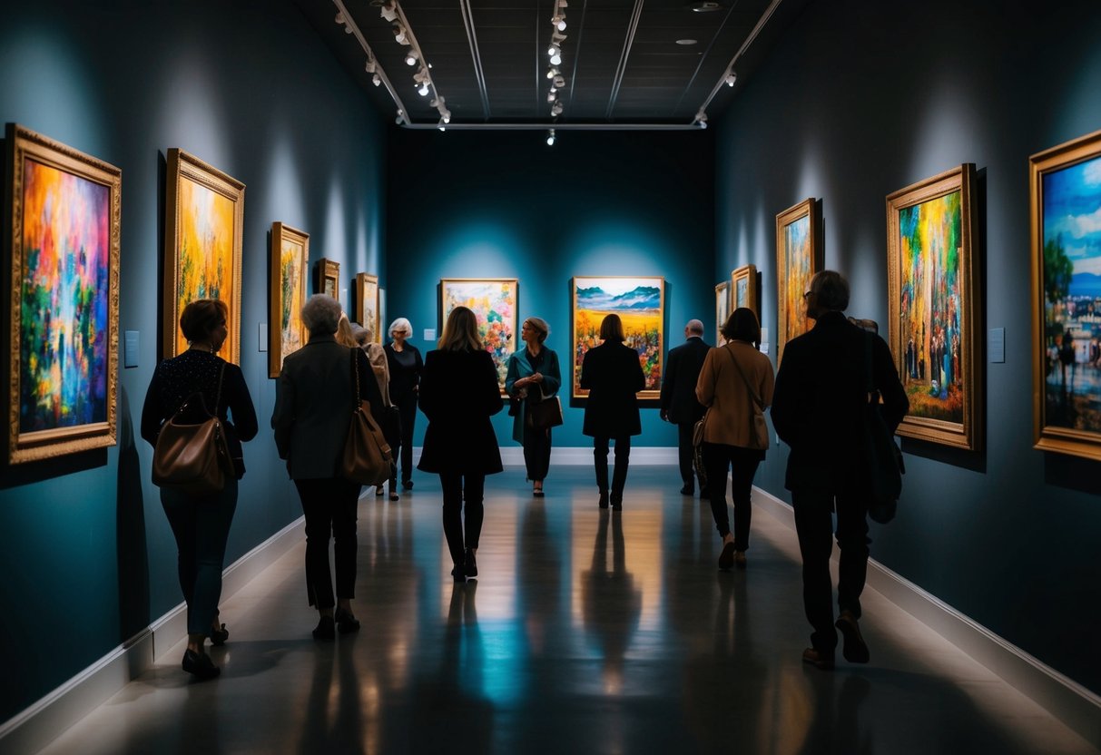 A dimly lit art gallery filled with vibrant paintings and sculptures, casting intriguing shadows as visitors wander through the exhibits