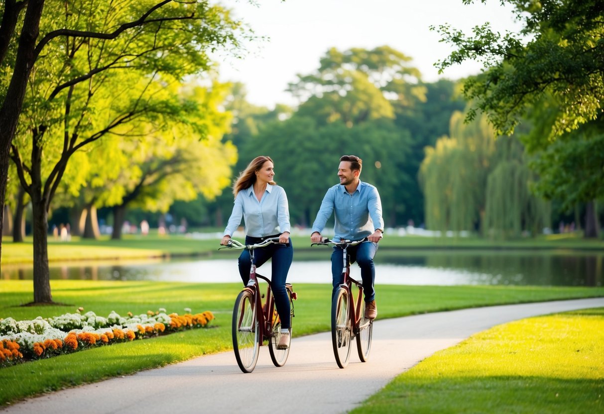 A couple rides bicycles through a lush park, passing by trees, flowers, and a serene pond