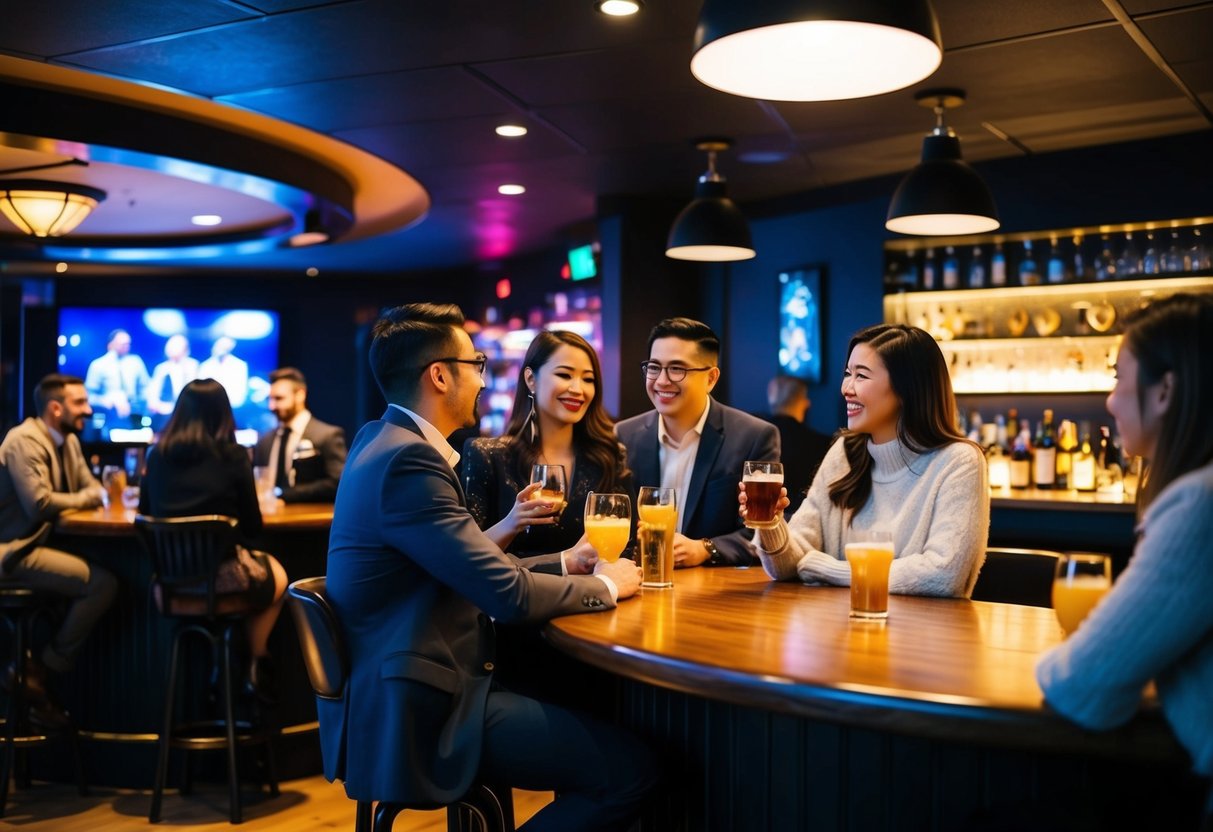 A cozy bar with dim lighting, a stage with live music, and couples enjoying drinks and conversation