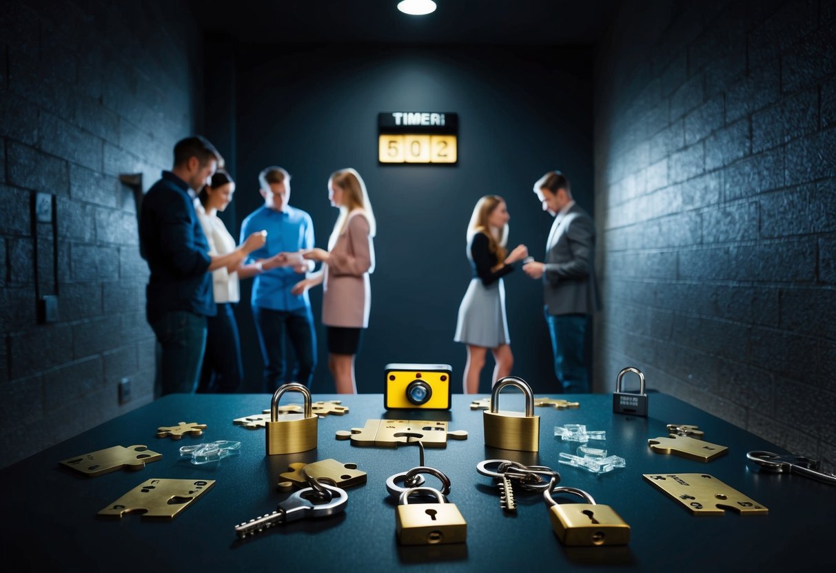 A dimly lit room with puzzles, locks, and hidden clues scattered around. A timer on the wall counts down as couples work together to escape