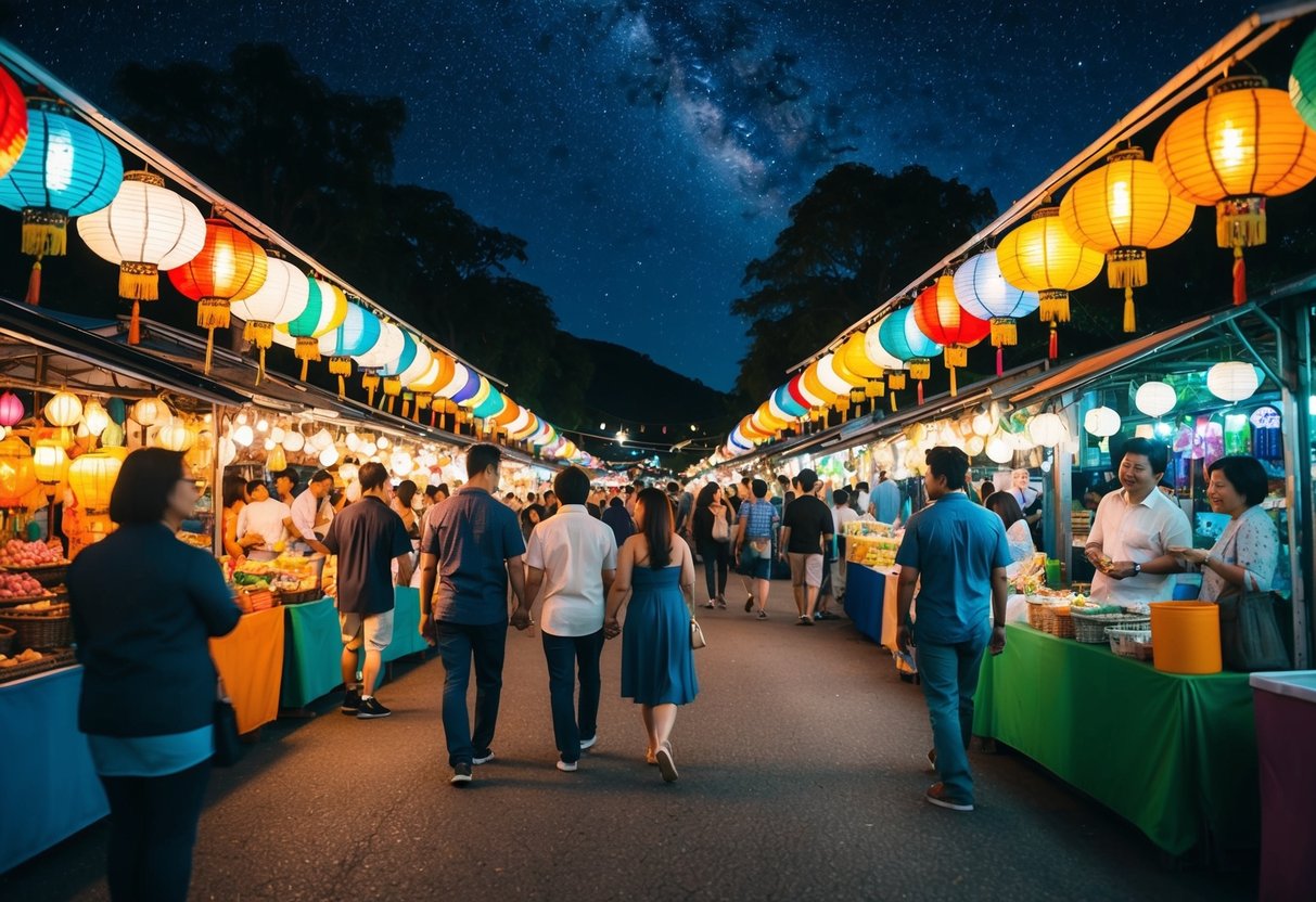 Colorful stalls and glowing lanterns line the bustling night market, as couples stroll through the lively atmosphere under the starry sky