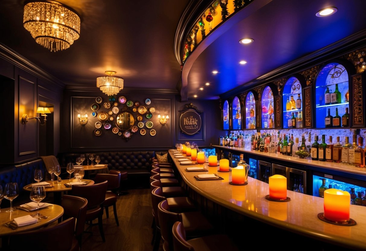A cozy bar with dim lighting, flickering candles, and a variety of themed decorations adorning the walls. Tables are set with elegant glassware and the bar is lined with colorful bottles of liquor