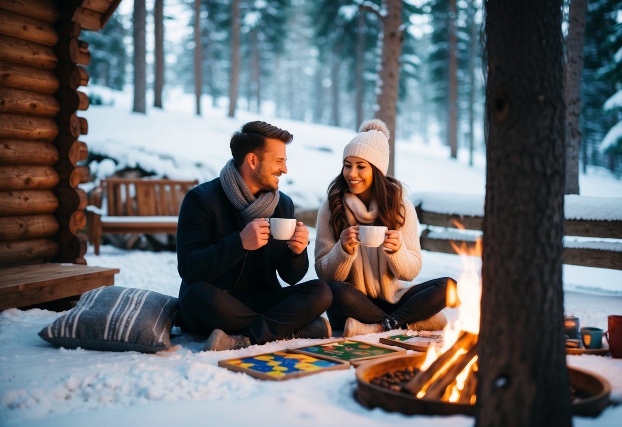 A cozy cabin in the woods with a snow-covered landscape, a warm fire, and a couple enjoying hot cocoa and board games