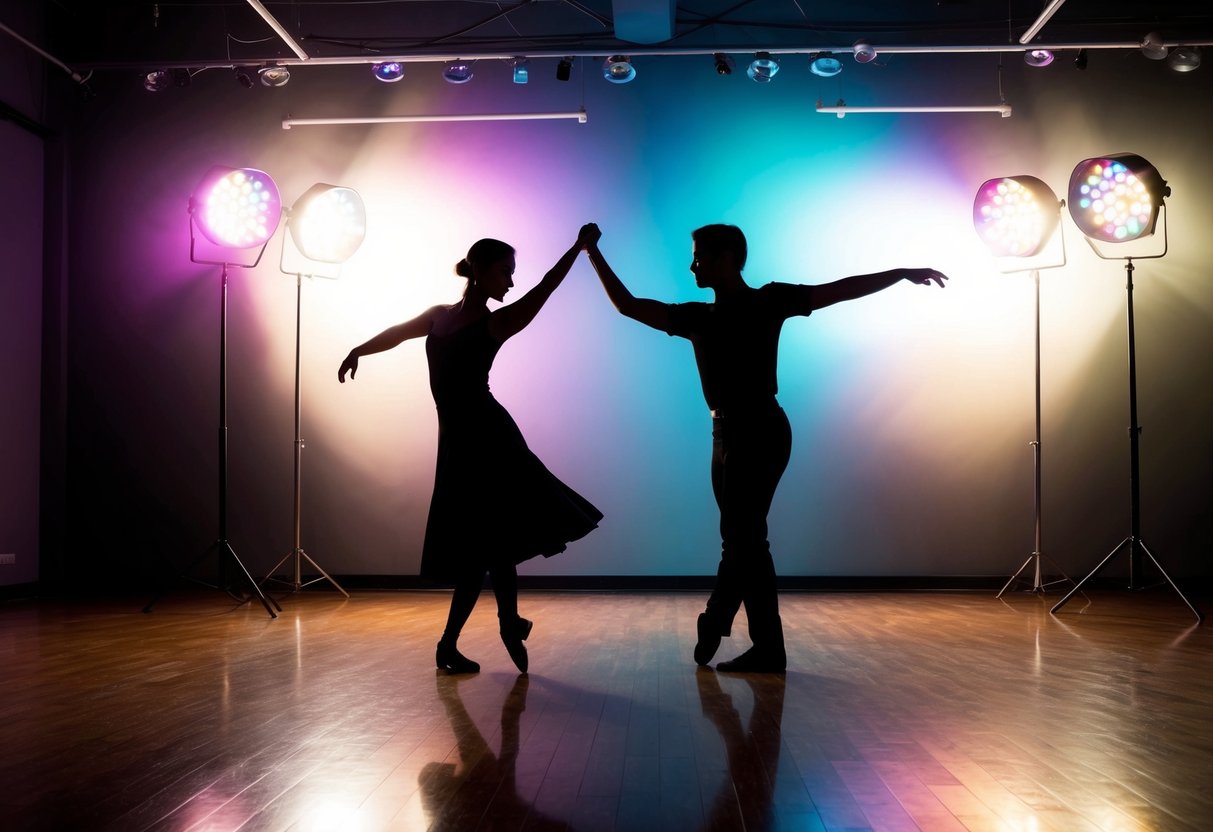 A dimly lit dance studio with colorful spotlights, reflecting off the polished wooden floor as two silhouettes twirl and sway in the darkness
