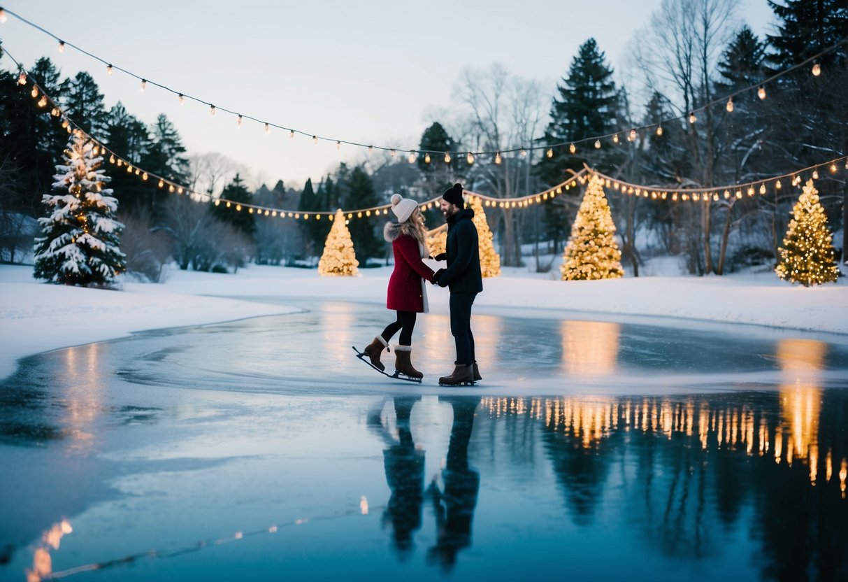A couple glides across a frozen pond, surrounded by twinkling holiday lights and snow-covered trees
