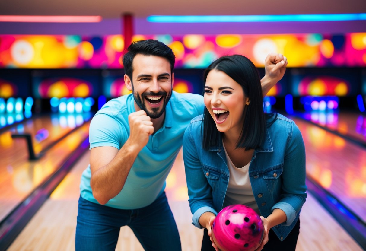A couple bowls together, laughing and cheering as they knock down pins under colorful neon lights at a lively bowling alley