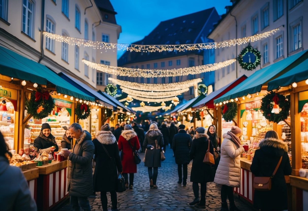 A bustling Christmas market with colorful stalls, twinkling lights, and festive decorations. People browse and enjoy hot drinks and treats