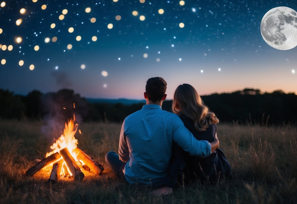 A couple stargazing in a secluded field, surrounded by twinkling lights and a full moon. A cozy bonfire crackles nearby, casting a warm glow