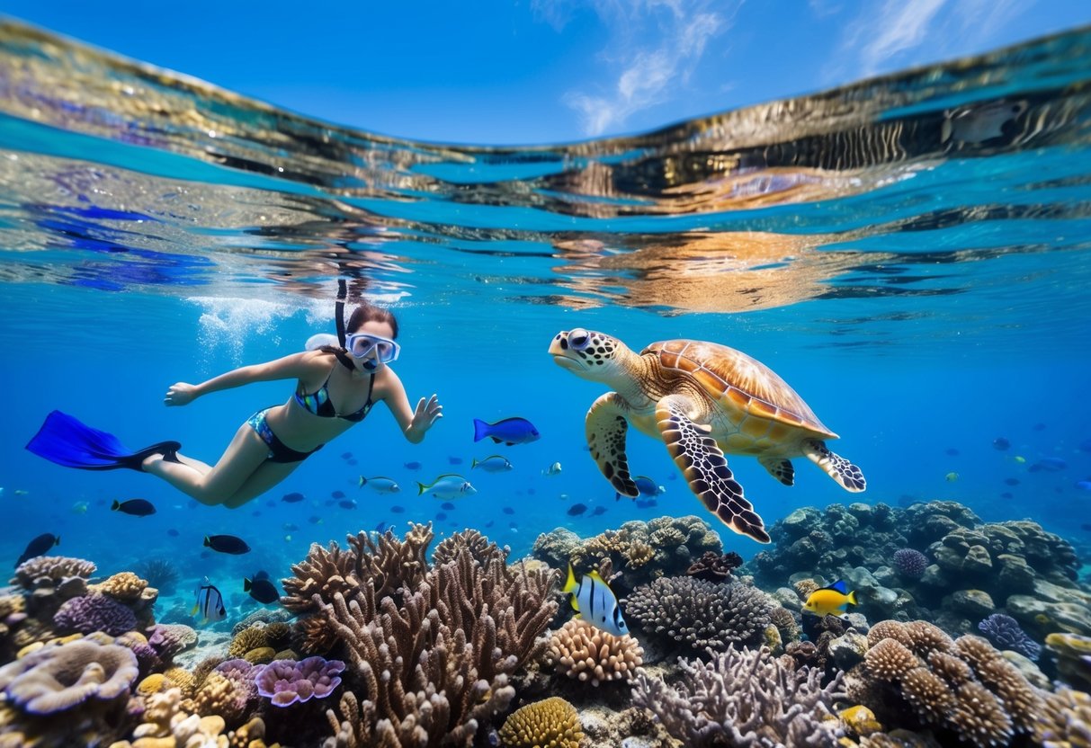 A colorful underwater reef with vibrant fish and coral, a snorkeler swimming alongside a sea turtle, and a clear blue sky above