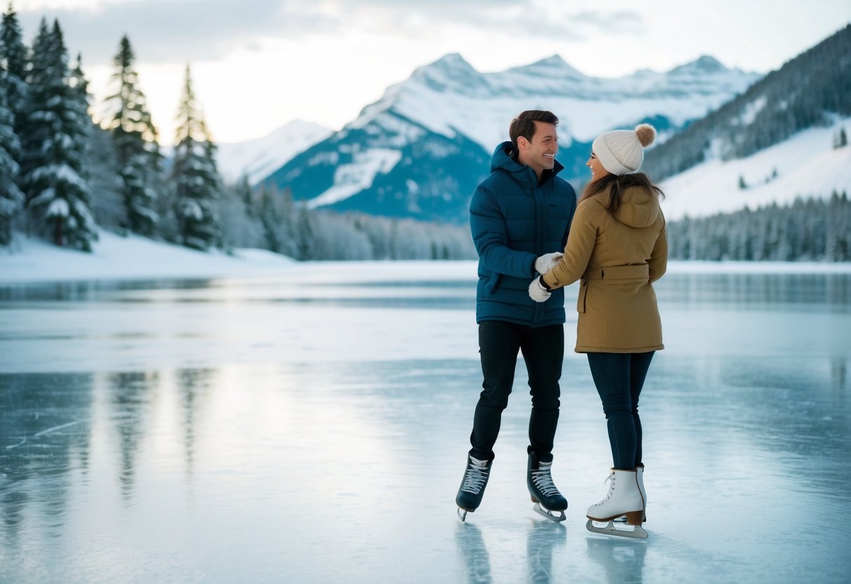 A couple ice skating on a frozen lake surrounded by snow-covered trees and mountains in the background