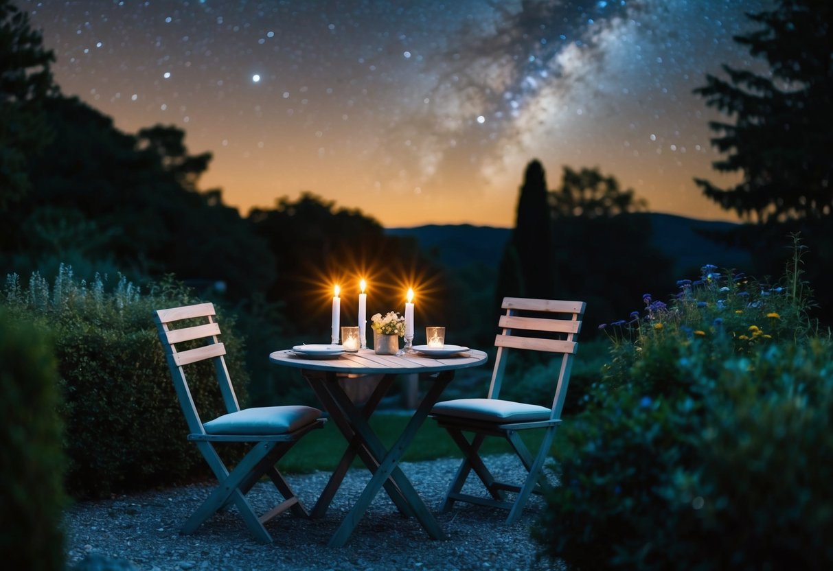 A cozy candlelit table for two nestled in a secluded garden under a starry night sky