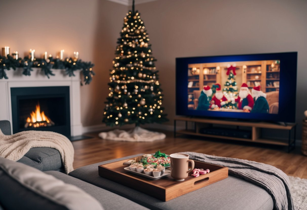 A warm living room with a crackling fire, soft blankets, and a big screen showing a classic holiday movie. A tray of hot cocoa and festive snacks sits nearby