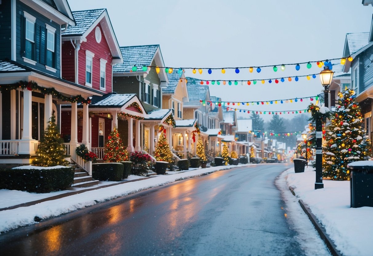 A cozy neighborhood street lined with colorful holiday lights and decorations, with a gentle snowfall adding to the festive atmosphere