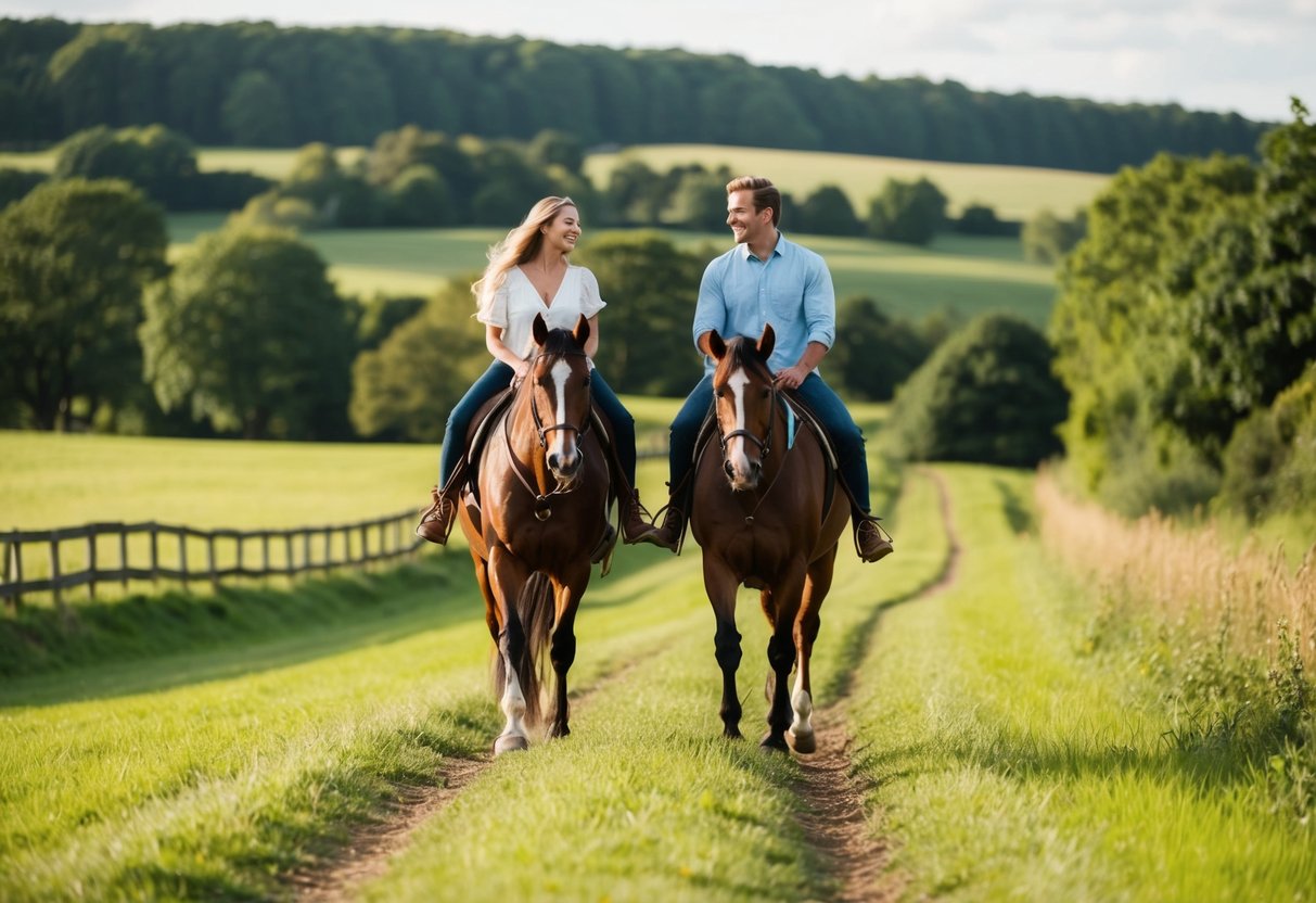 A couple rides horses through a lush countryside, enjoying their first date together
