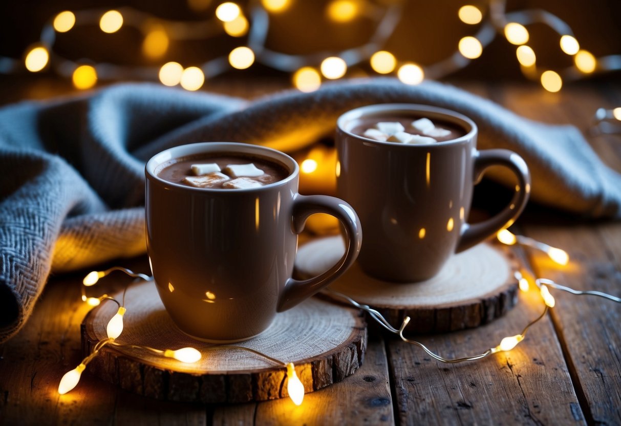 A cozy scene with two mugs of hot chocolate on a rustic table, surrounded by twinkling fairy lights and a warm blanket