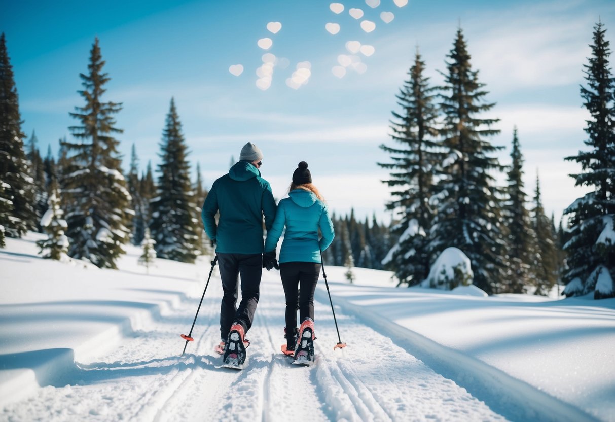 A couple snowshoeing through a snowy forest with evergreen trees and a clear blue sky