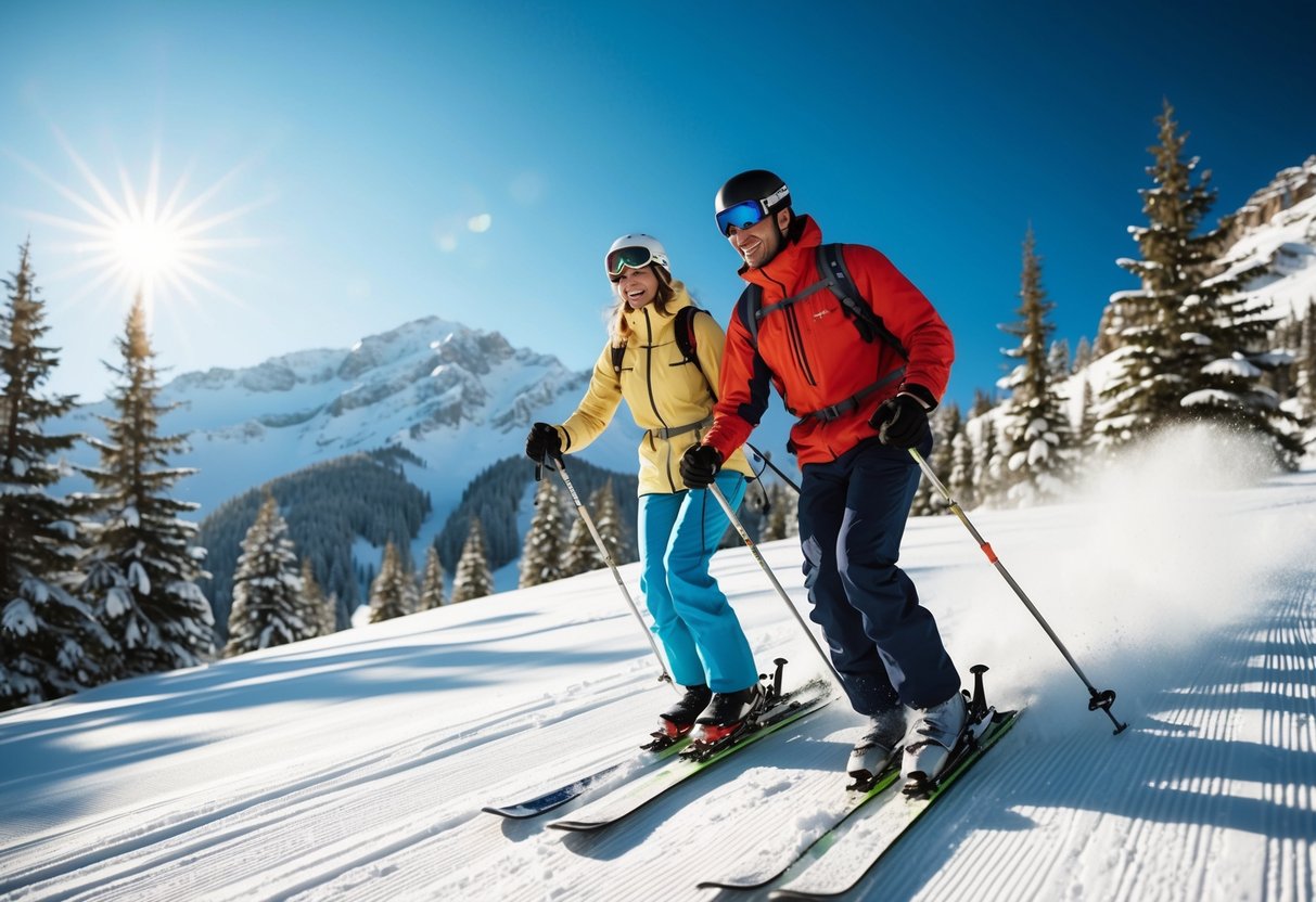 A couple skiing down a snowy mountain, surrounded by pine trees and a clear blue sky, with the sun shining brightly